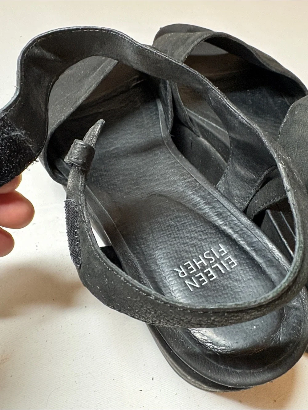 Eileen Fisher Black Leather adjustable Ankle Platform Sandal Size 9.5